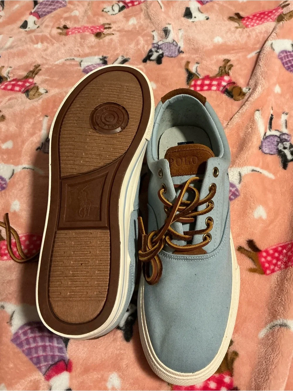 Polo by Ralph Lauren Men’s Light Blue Canvas Boat Shoes with Brown Trim